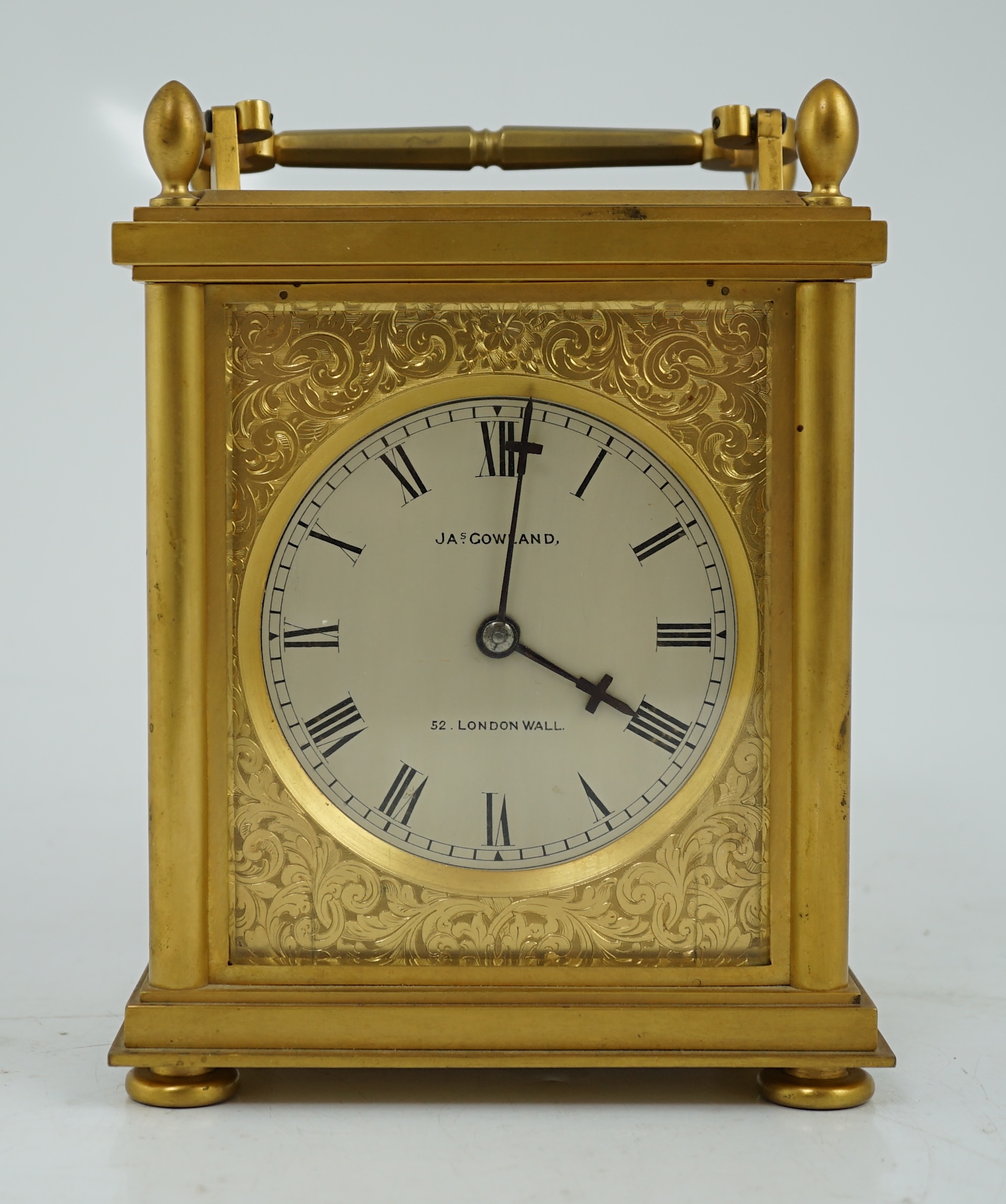 James Gowland of London, a rare mid 19th century giant gilt bronze single fuseé carriage timepiece, 22cm high to handle